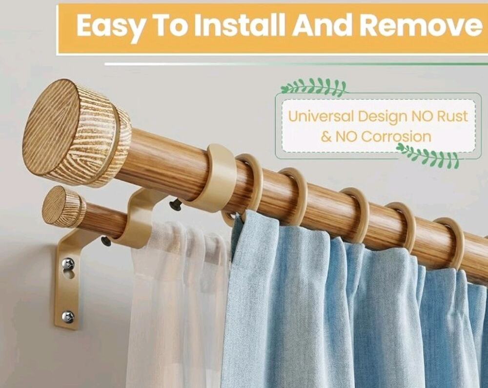 EQURROY Wood Grain Double Curtain Rod 66-120 Inch Adjustable